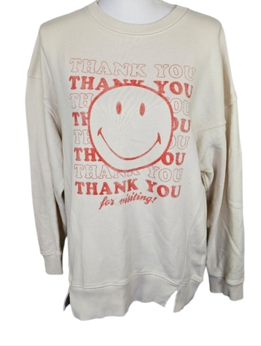 Aerie Cream Smiley Face Thank You For Visiting "Distressed" Sweatshirt, Size XS